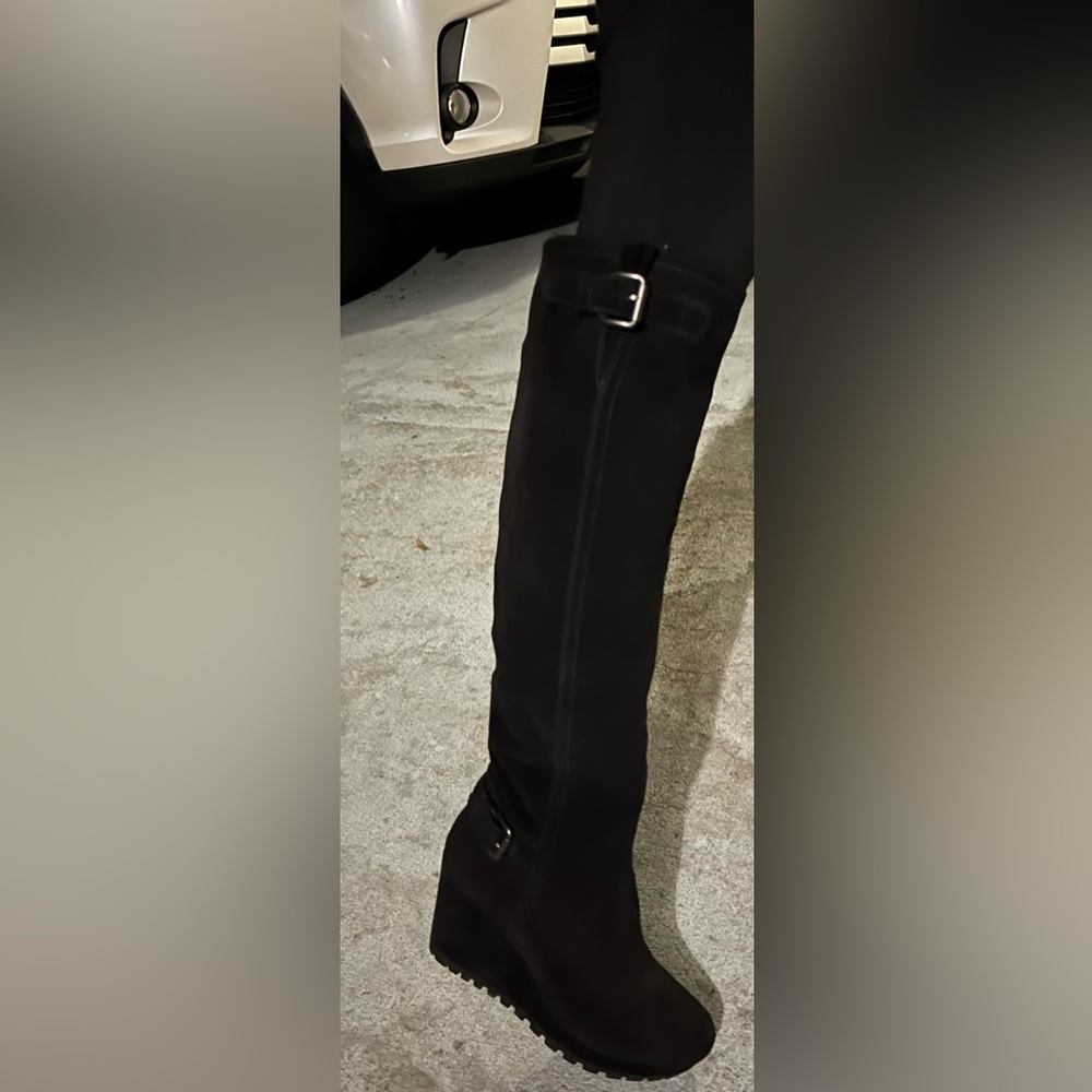 Prada Black Suede Leather Knee High Wedge Boots Size 38/8
